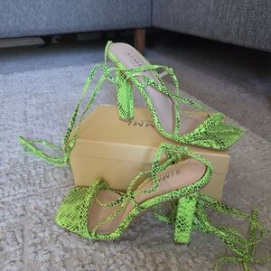 Neon Green Snake-Print Lace-Up Block Heels